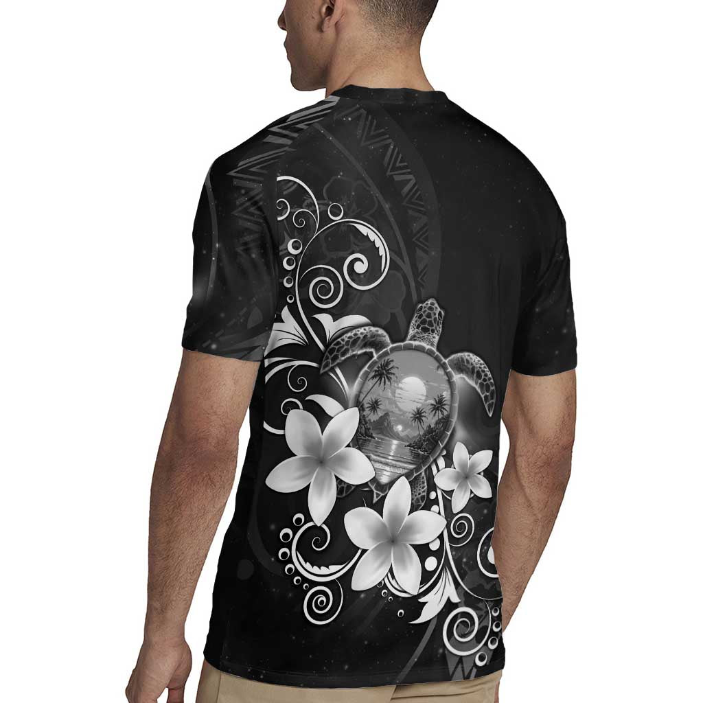 Hawaii Honu Rugby Jersey Polynesian Curves Plumeria Grayscale - Polynesian Pride