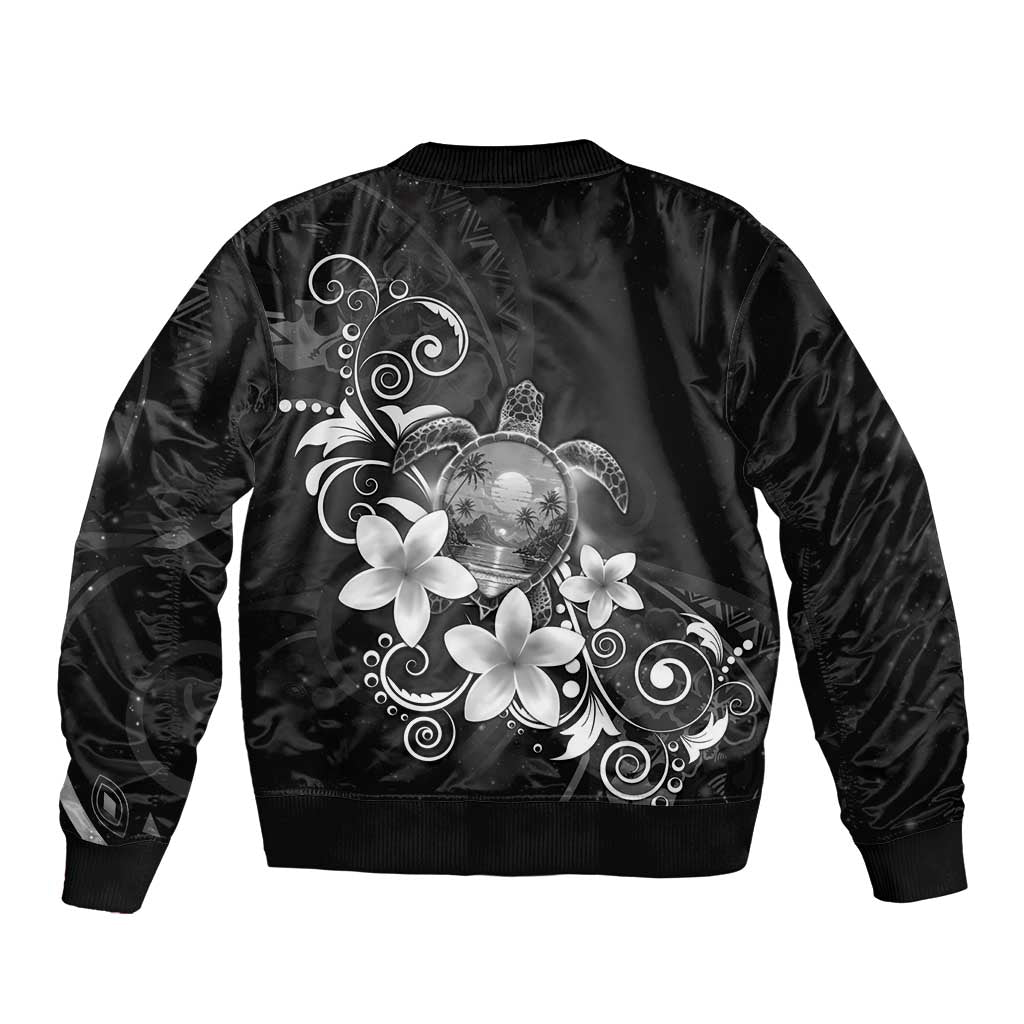 Hawaii Honu Sleeve Zip Bomber Jacket Polynesian Curves Plumeria Grayscale - Polynesian Pride