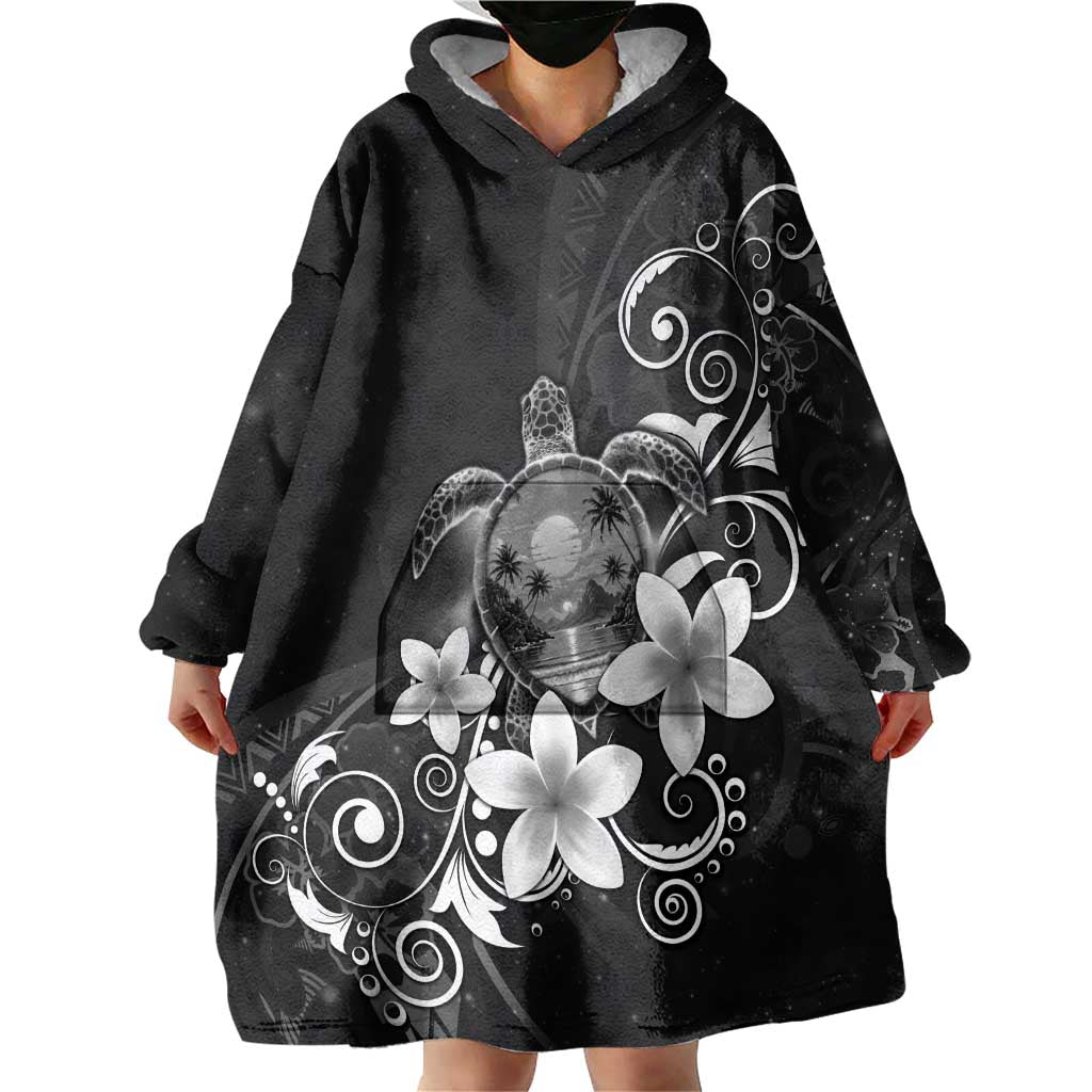 Hawaii Honu Wearable Blanket Hoodie Polynesian Curves Plumeria Grayscale - Polynesian Pride