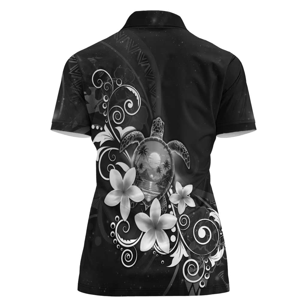 Hawaii Honu Women Polo Shirt Polynesian Curves Plumeria Grayscale - Polynesian Pride