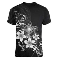 Hawaii Honu Women V-Neck T-Shirt Polynesian Curves Plumeria Grayscale - Polynesian Pride
