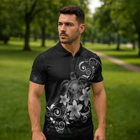 Hawaii Honu Zipper Polo Shirt Polynesian Curves Plumeria Grayscale - Polynesian Pride