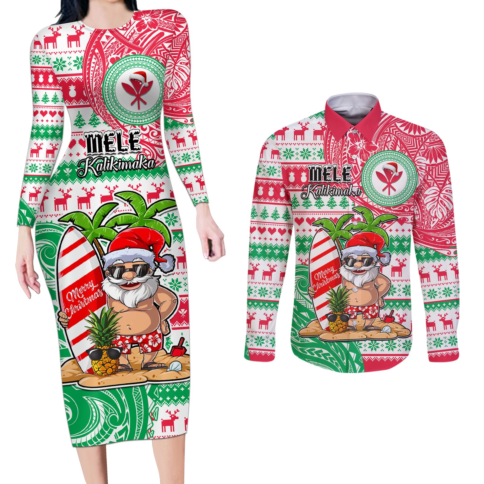 Hawaii Christmas Couples Matching Long Sleeve Bodycon Dress and Long Sleeve Button Shirts Santa Claus Surf Mele Kalikimaka LT05 Red - Polynesian Pride
