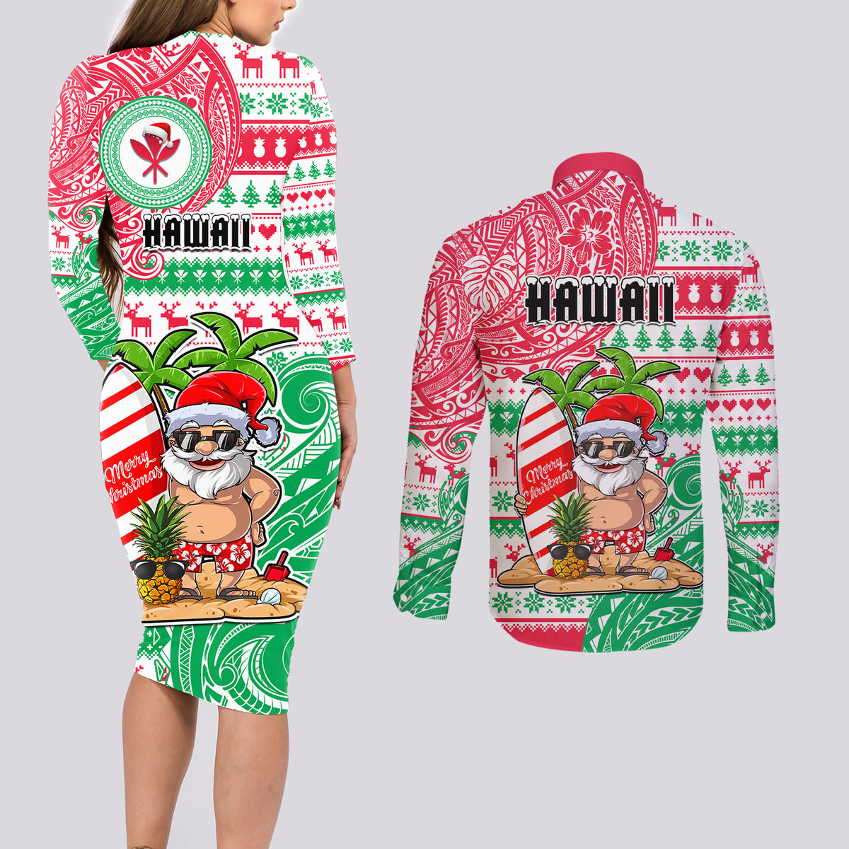Hawaii Christmas Couples Matching Long Sleeve Bodycon Dress and Long Sleeve Button Shirts Santa Claus Surf Mele Kalikimaka LT05 - Polynesian Pride