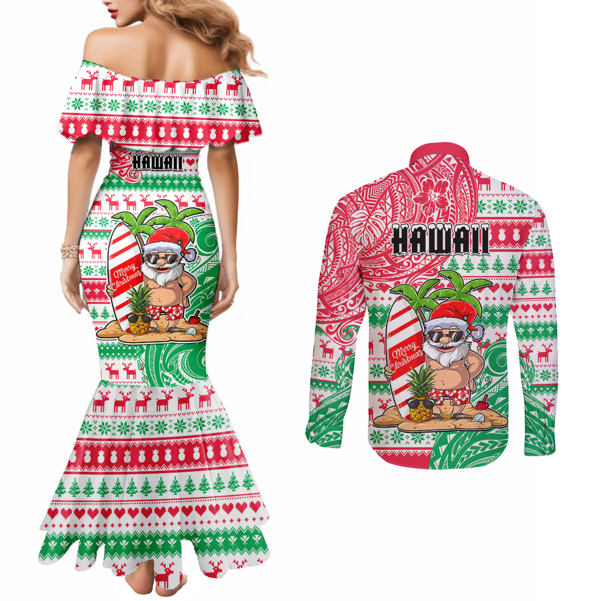 Hawaii Christmas Couples Matching Mermaid Dress and Long Sleeve Button Shirts Santa Claus Surf Mele Kalikimaka LT05 - Polynesian Pride
