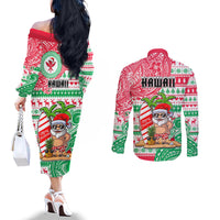 Hawaii Christmas Couples Matching Off The Shoulder Long Sleeve Dress and Long Sleeve Button Shirts Santa Claus Surf Mele Kalikimaka LT05 - Polynesian Pride