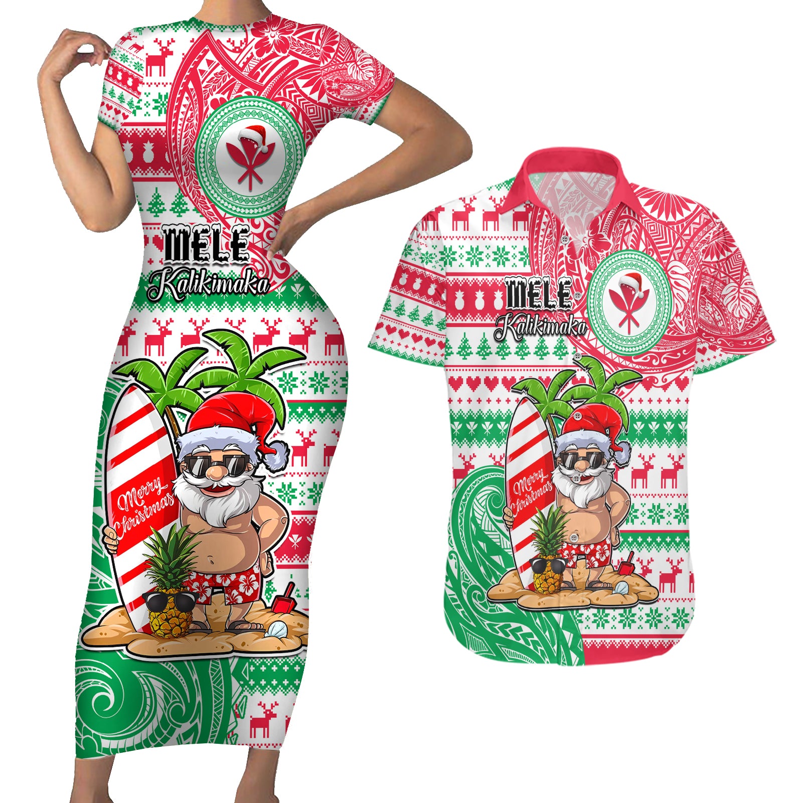 Hawaii Christmas Couples Matching Short Sleeve Bodycon Dress and Hawaiian Shirt Santa Claus Surf Mele Kalikimaka LT05 Red - Polynesian Pride