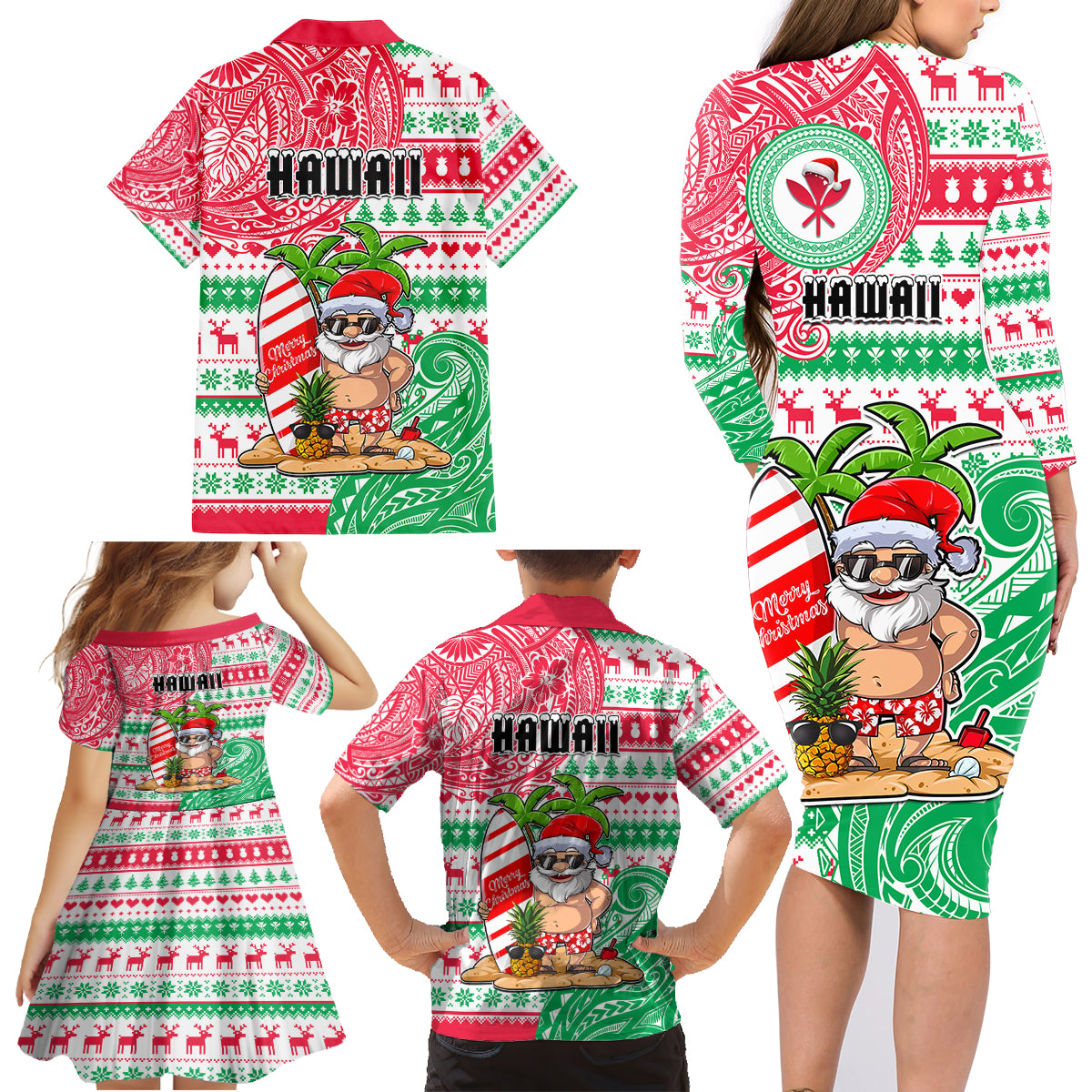 Hawaii Christmas Family Matching Long Sleeve Bodycon Dress and Hawaiian Shirt Santa Claus Surf Mele Kalikimaka LT05 - Polynesian Pride
