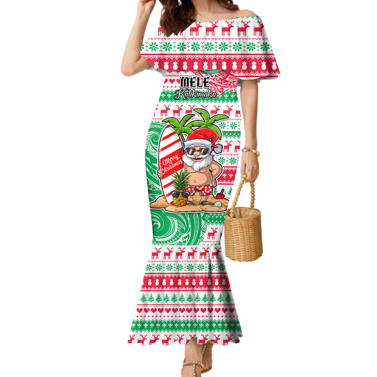 Hawaii Christmas Family Matching Mermaid Dress and Hawaiian Shirt Santa Claus Surf Mele Kalikimaka LT05 Mom's Dress Red - Polynesian Pride