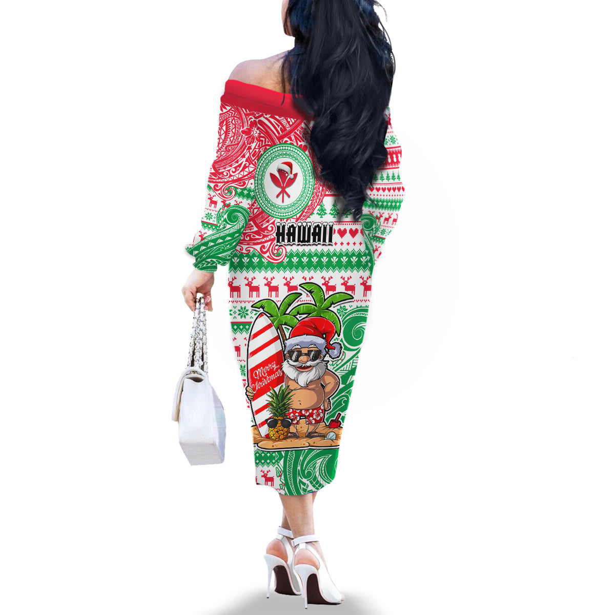 Hawaii Christmas Family Matching Off Shoulder Long Sleeve Dress and Hawaiian Shirt Santa Claus Surf Mele Kalikimaka LT05 - Polynesian Pride