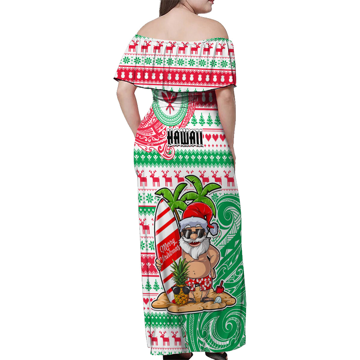 Hawaii Christmas Family Matching Off Shoulder Maxi Dress and Hawaiian Shirt Santa Claus Surf Mele Kalikimaka LT05 - Polynesian Pride