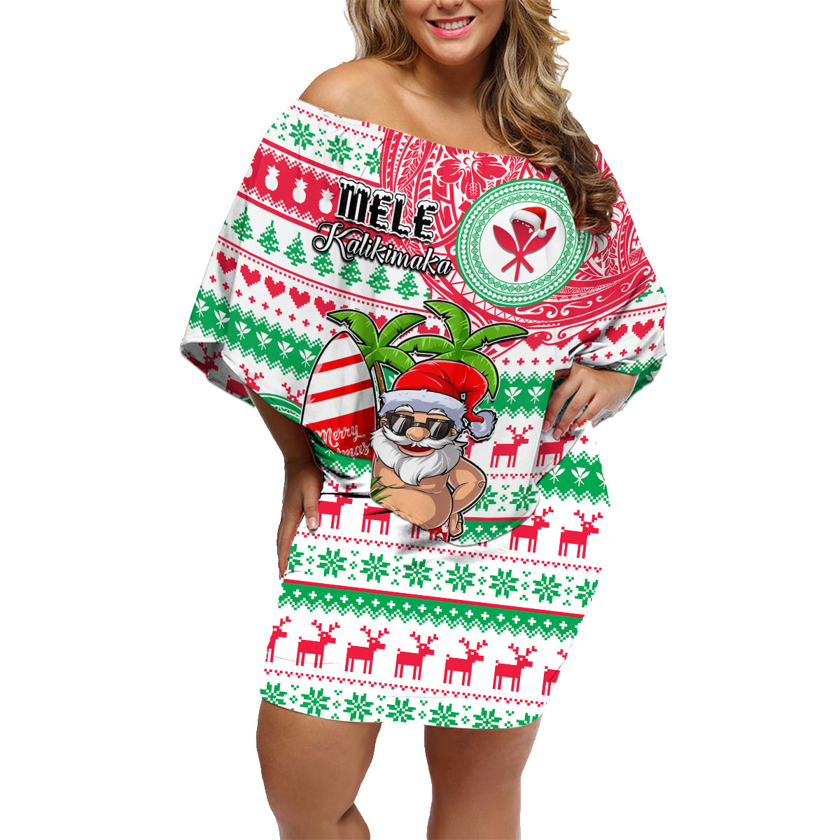 Hawaii Christmas Family Matching Off Shoulder Short Dress and Hawaiian Shirt Santa Claus Surf Mele Kalikimaka LT05 Mom's Dress Red - Polynesian Pride