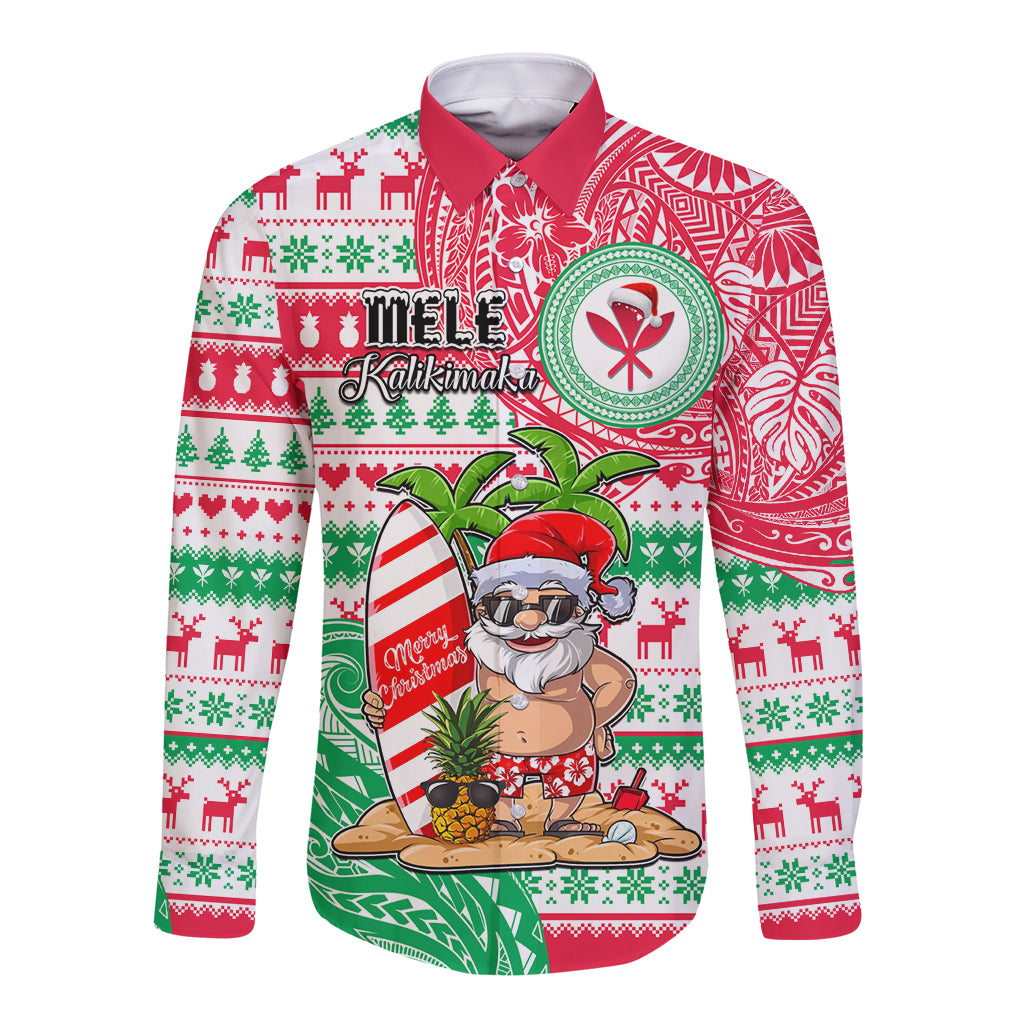 Hawaii Christmas Long Sleeve Button Shirt Santa Claus Surf Mele Kalikimaka LT05 Unisex Red - Polynesian Pride