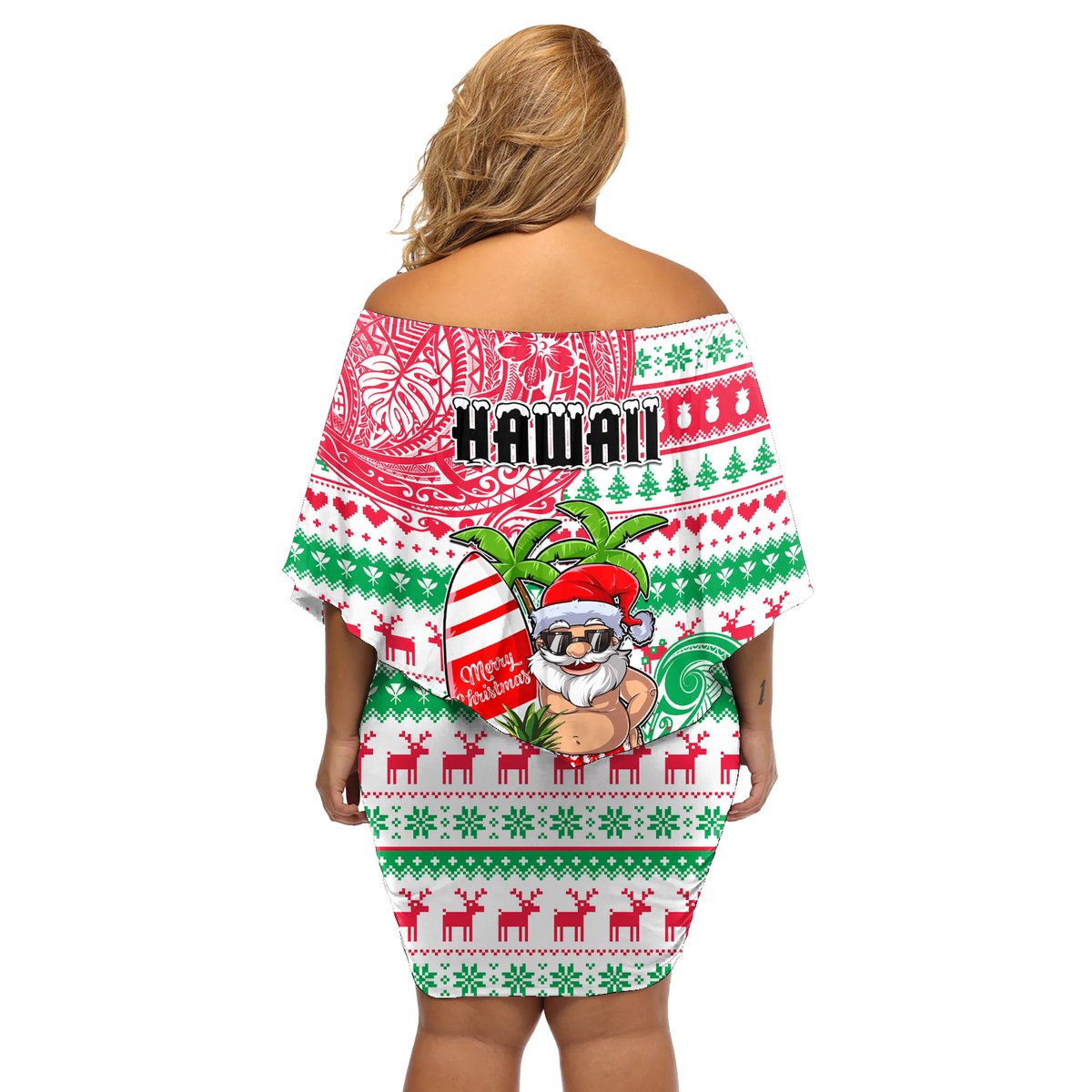 Hawaii Christmas Off Shoulder Short Dress Santa Claus Surf Mele Kalikimaka LT05 - Polynesian Pride