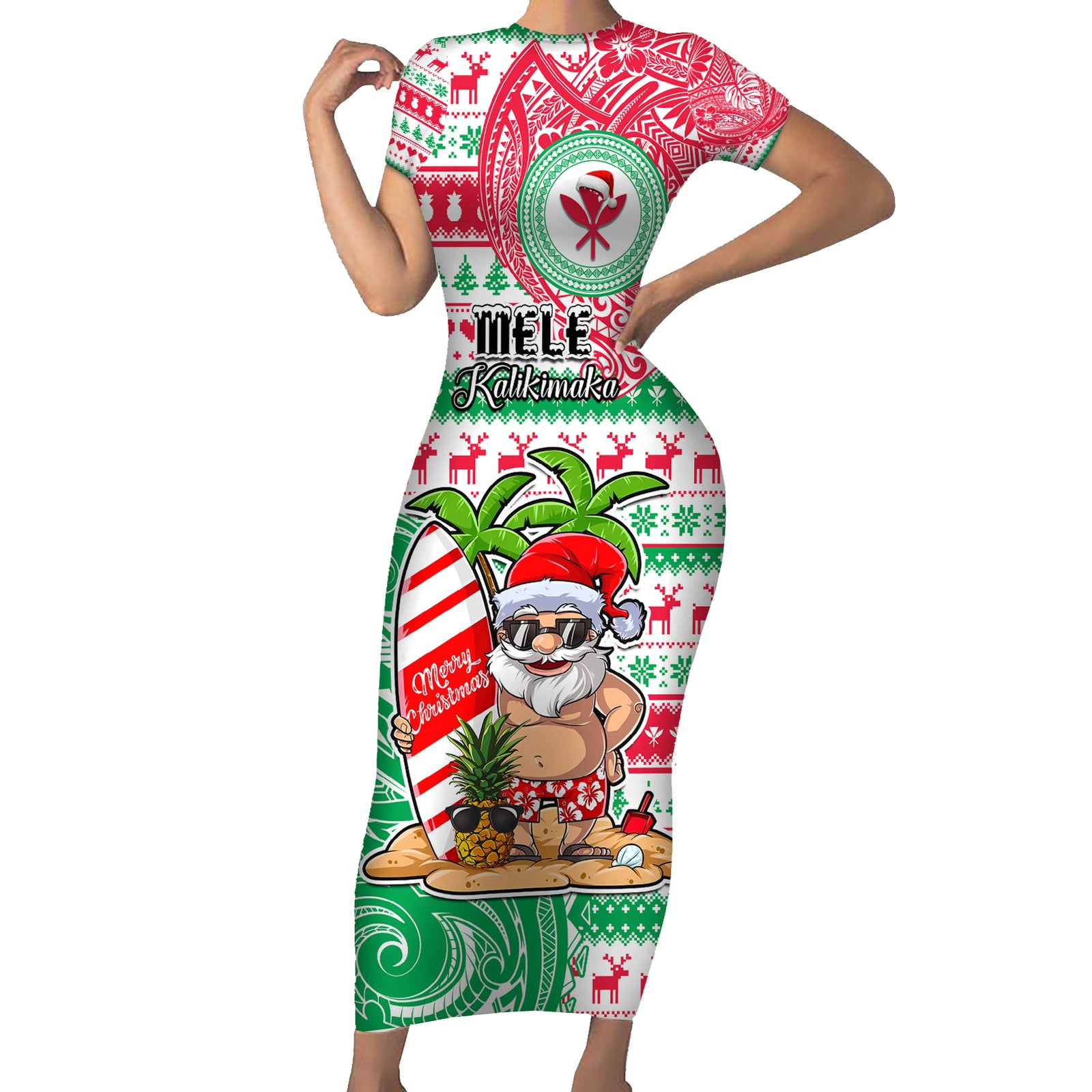 Hawaii Christmas Short Sleeve Bodycon Dress Santa Claus Surf Mele Kalikimaka LT05 Long Dress Red - Polynesian Pride