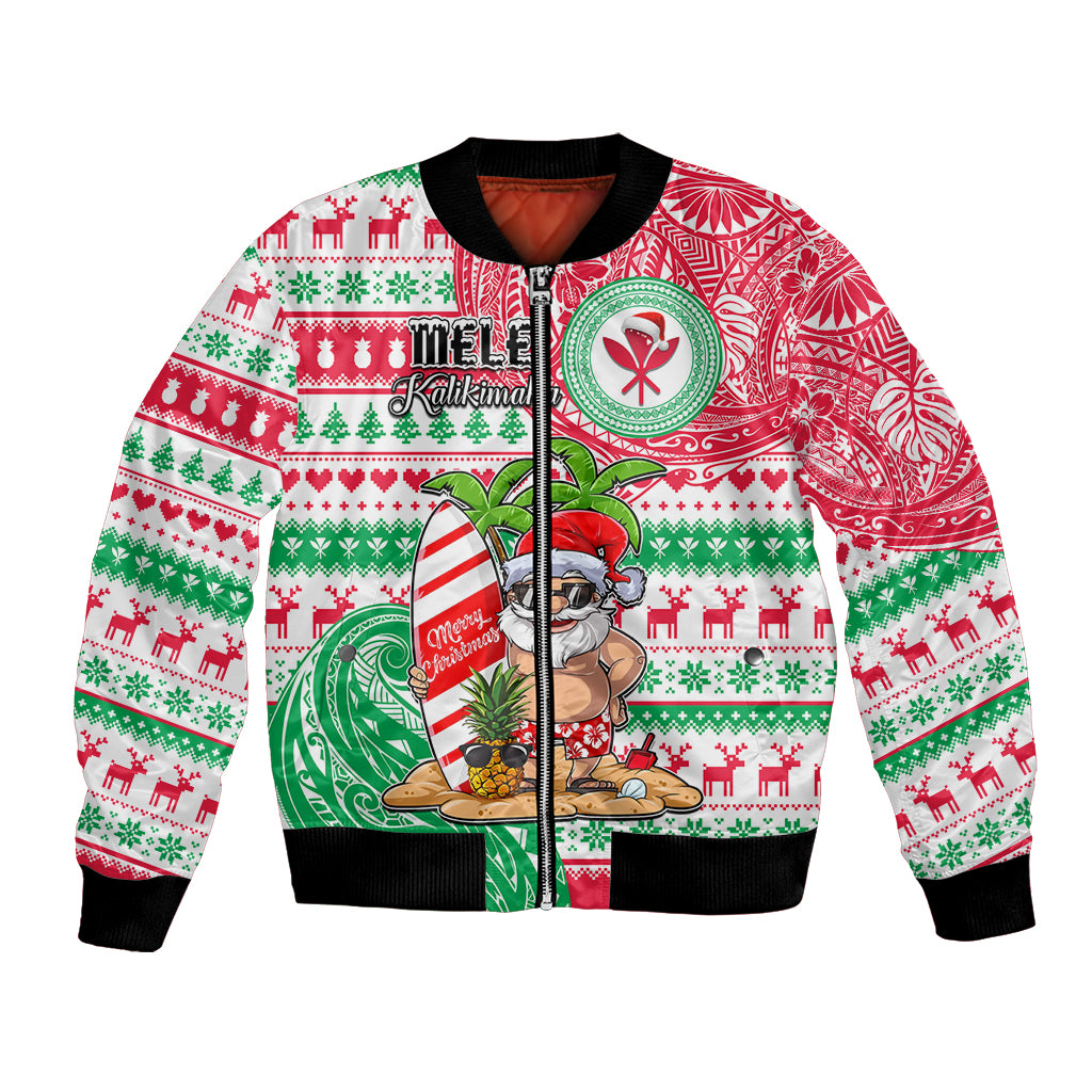 Personalized Hawaii Christmas Bomber Jacket Santa Claus Surf Mele Kalikimaka LT05 Unisex Red - Polynesian Pride