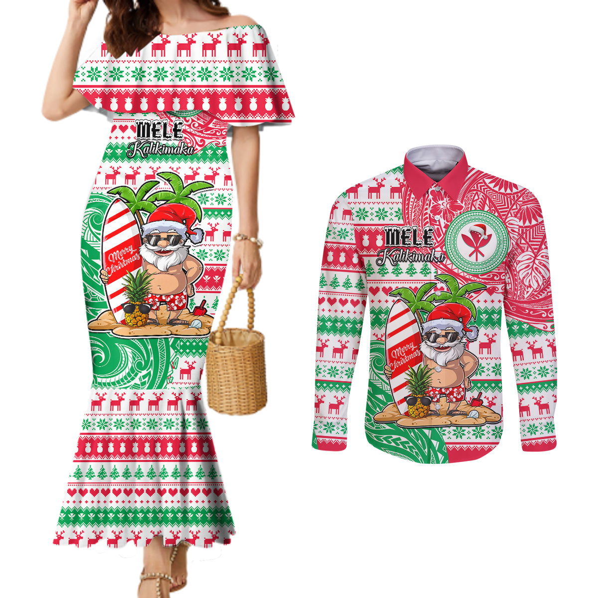 Personalized Hawaii Christmas Couples Matching Mermaid Dress and Long Sleeve Button Shirts Santa Claus Surf Mele Kalikimaka LT05 Red - Polynesian Pride
