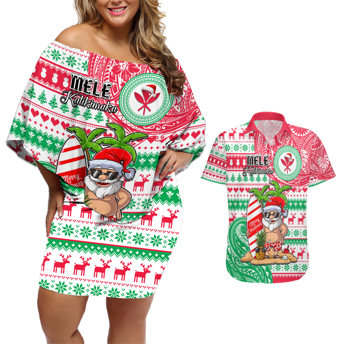 Personalized Hawaii Christmas Couples Matching Off Shoulder Short Dress and Hawaiian Shirt Santa Claus Surf Mele Kalikimaka LT05 Red - Polynesian Pride