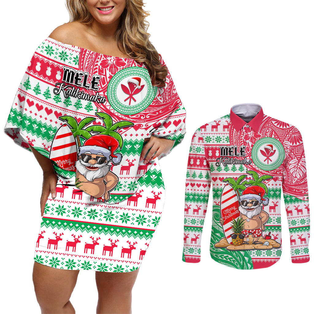 Personalized Hawaii Christmas Couples Matching Off Shoulder Short Dress and Long Sleeve Button Shirts Santa Claus Surf Mele Kalikimaka LT05 Red - Polynesian Pride