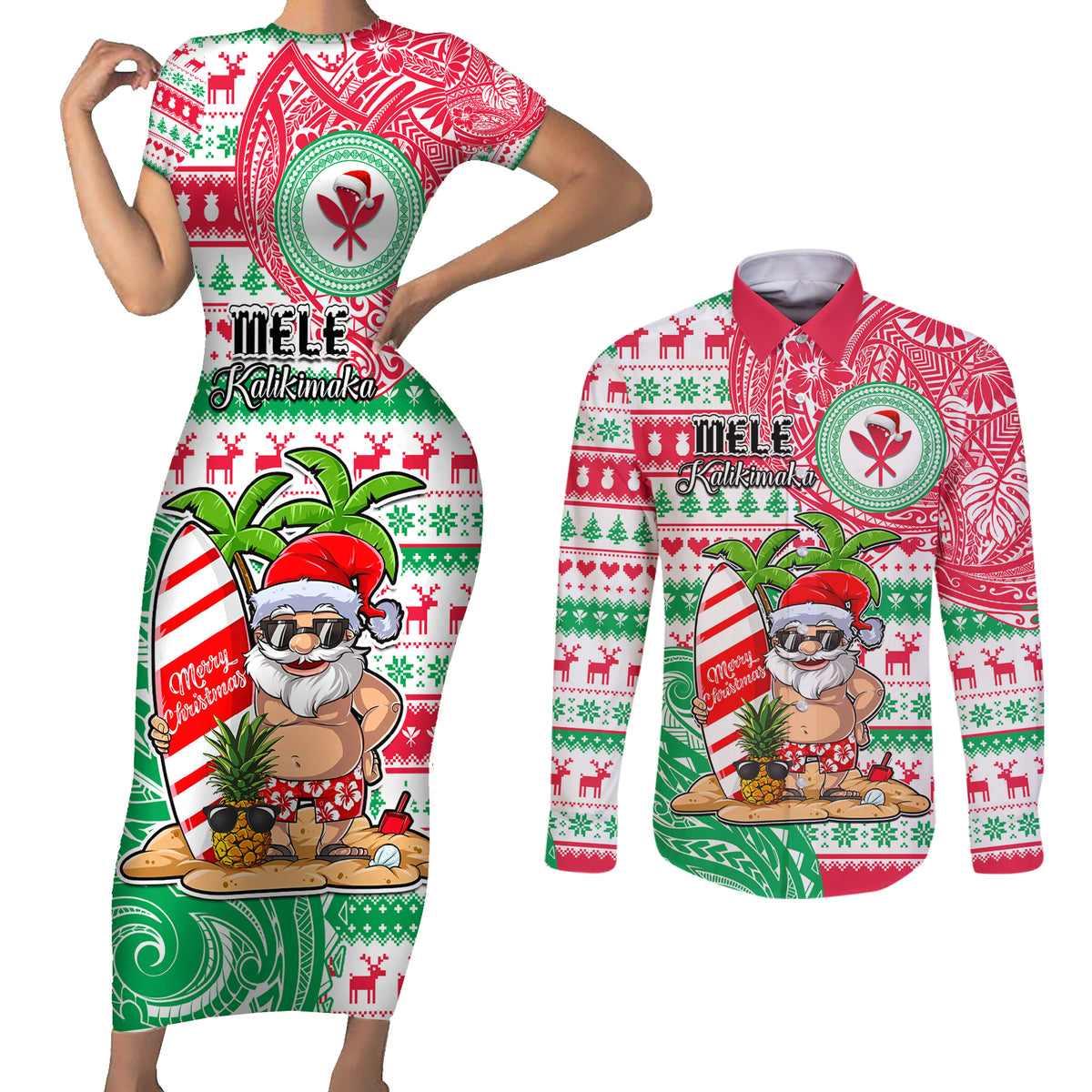 Personalized Hawaii Christmas Couples Matching Short Sleeve Bodycon Dress and Long Sleeve Button Shirts Santa Claus Surf Mele Kalikimaka LT05 Red - Polynesian Pride