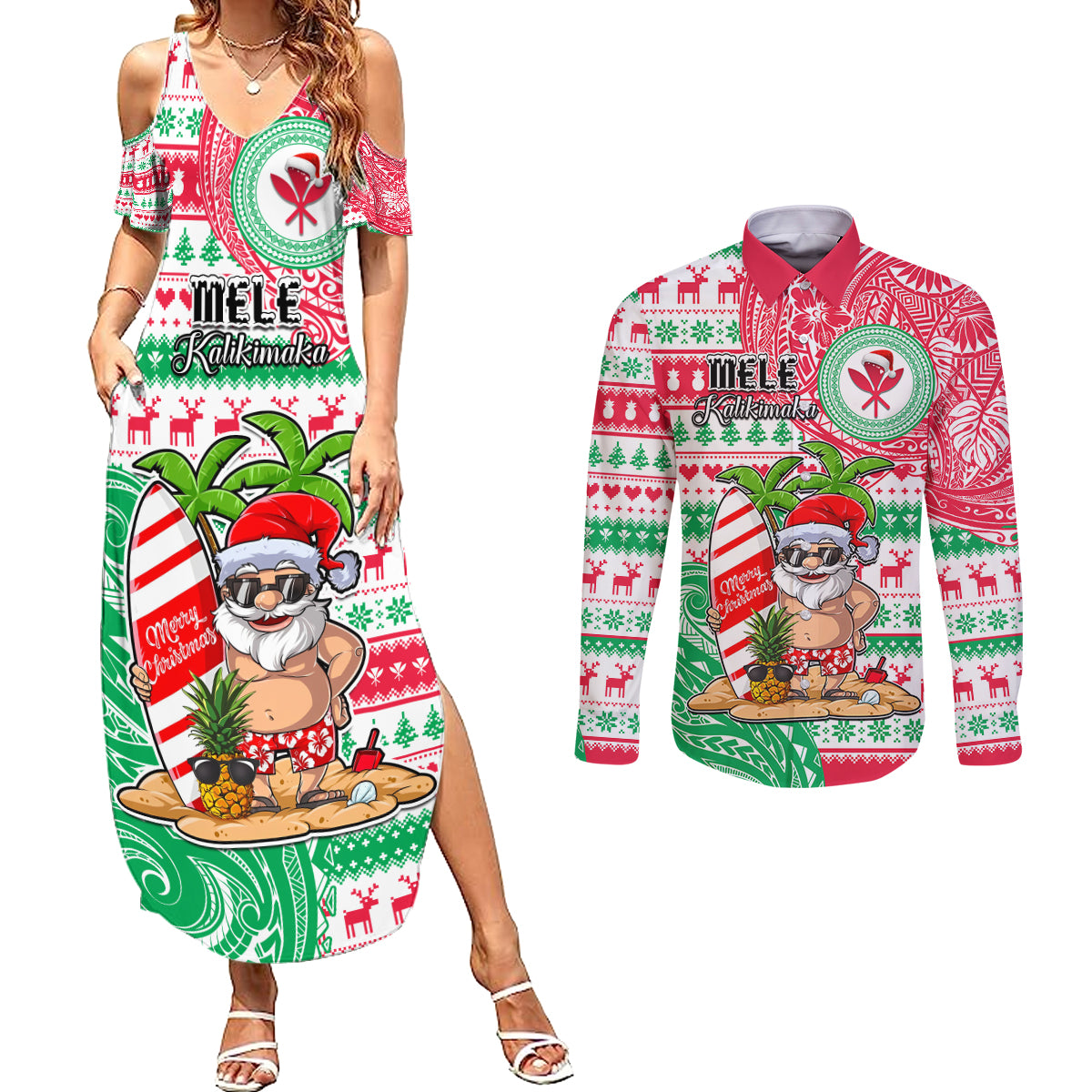 Personalized Hawaii Christmas Couples Matching Summer Maxi Dress and Long Sleeve Button Shirts Santa Claus Surf Mele Kalikimaka LT05 Red - Polynesian Pride