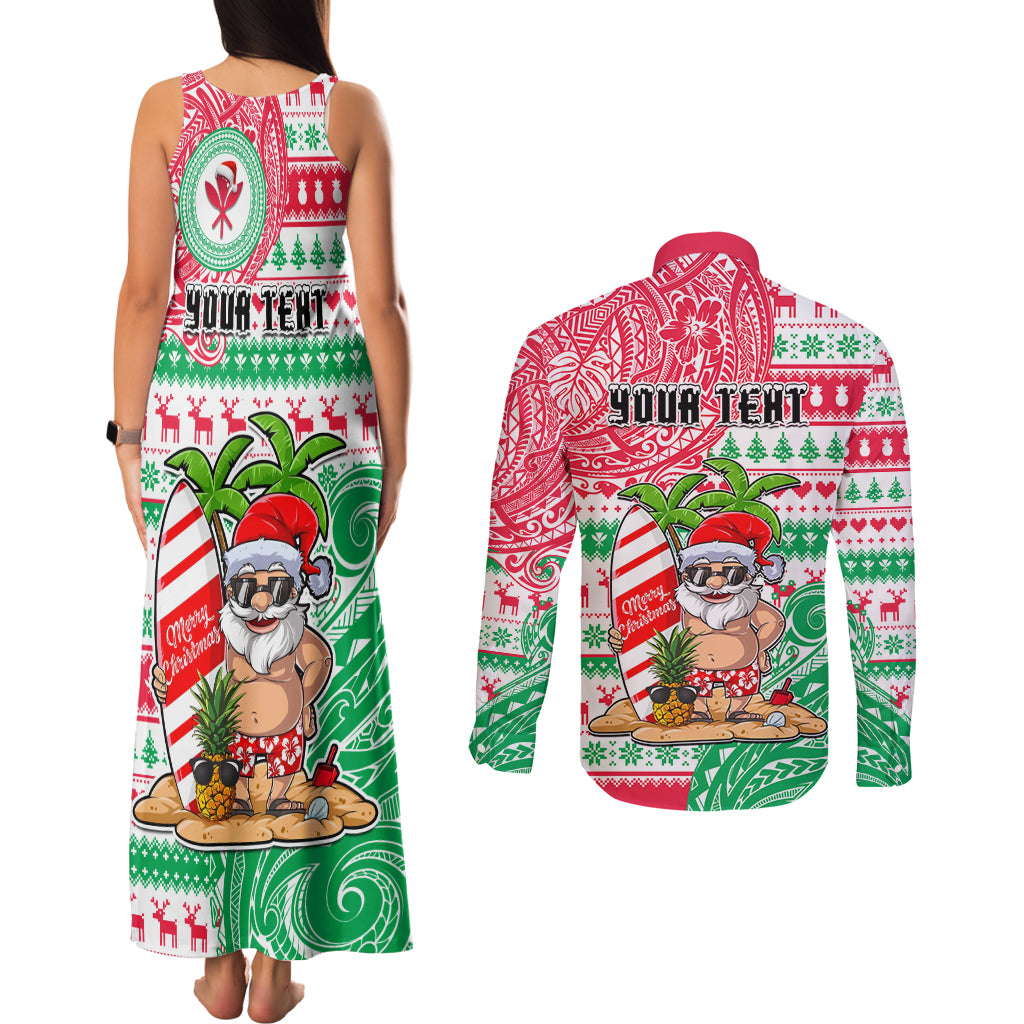 Personalized Hawaii Christmas Couples Matching Tank Maxi Dress and Long Sleeve Button Shirts Santa Claus Surf Mele Kalikimaka LT05 - Polynesian Pride