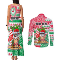Personalized Hawaii Christmas Couples Matching Tank Maxi Dress and Long Sleeve Button Shirts Santa Claus Surf Mele Kalikimaka LT05 - Polynesian Pride