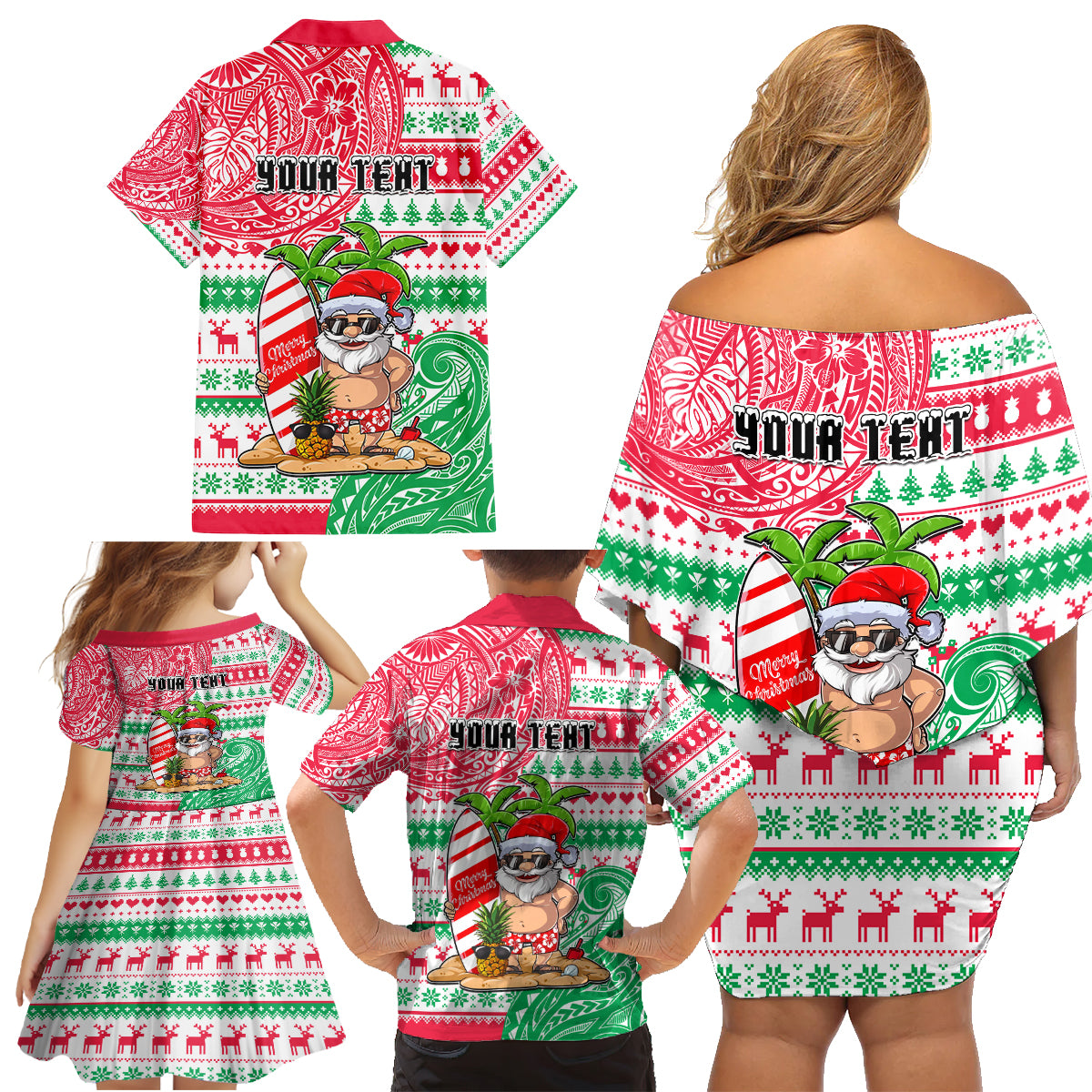 Personalized Hawaii Christmas Family Matching Off Shoulder Short Dress and Hawaiian Shirt Santa Claus Surf Mele Kalikimaka LT05 - Polynesian Pride