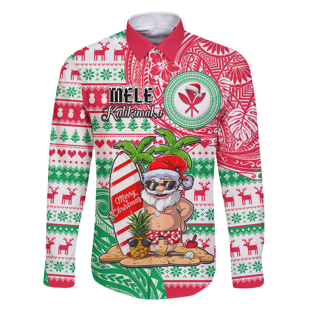 Personalized Hawaii Christmas Family Matching Off Shoulder Short Dress and Hawaiian Shirt Santa Claus Surf Mele Kalikimaka LT05 Dad's Shirt - Long Sleeve Red - Polynesian Pride