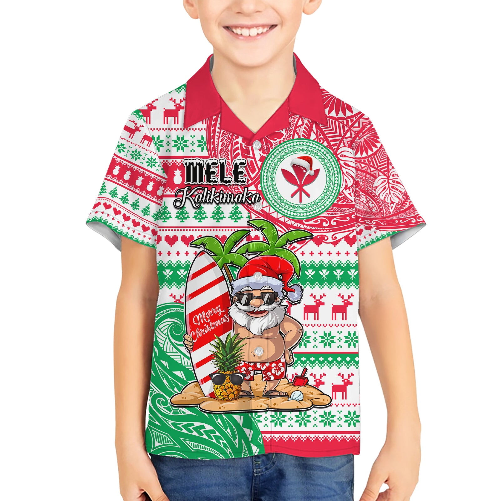 Personalized Hawaii Christmas Kid Hawaiian Shirt Santa Claus Surf Mele Kalikimaka LT05 Kid Red - Polynesian Pride