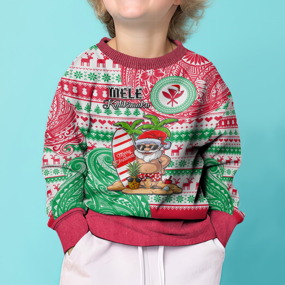 Personalised Hawaii Christmas Kid Ugly Christmas Sweater Santa Claus Surf Mele Kalikimaka LT05 - Polynesian Pride