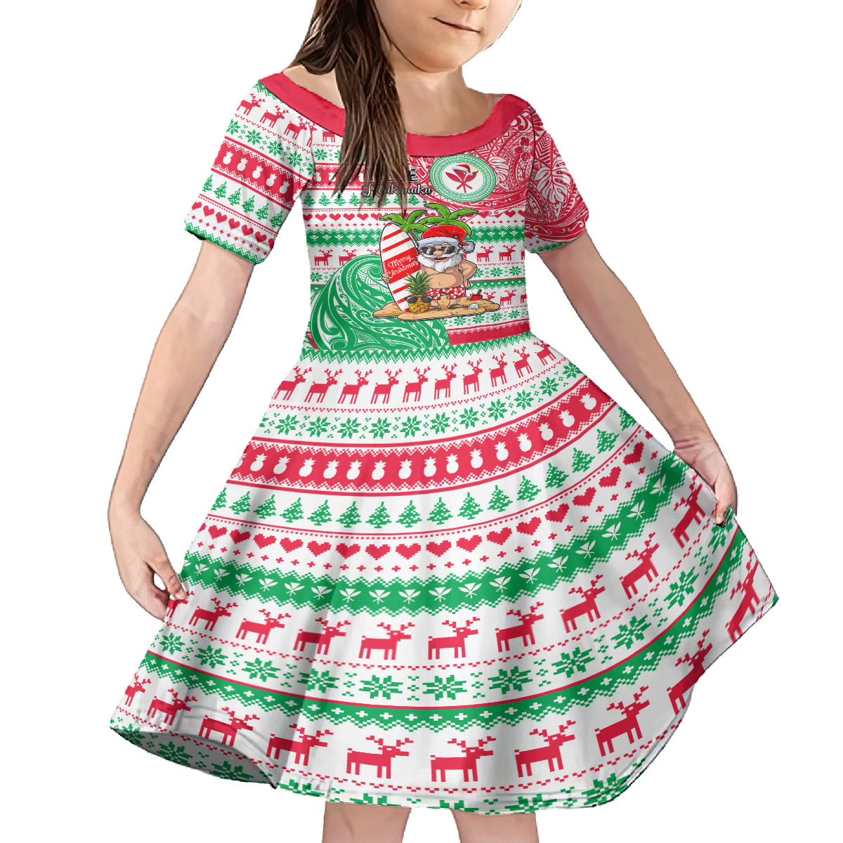 Personalized Hawaii Christmas Kid Short Sleeve Dress Santa Claus Surf Mele Kalikimaka LT05 KID Red - Polynesian Pride