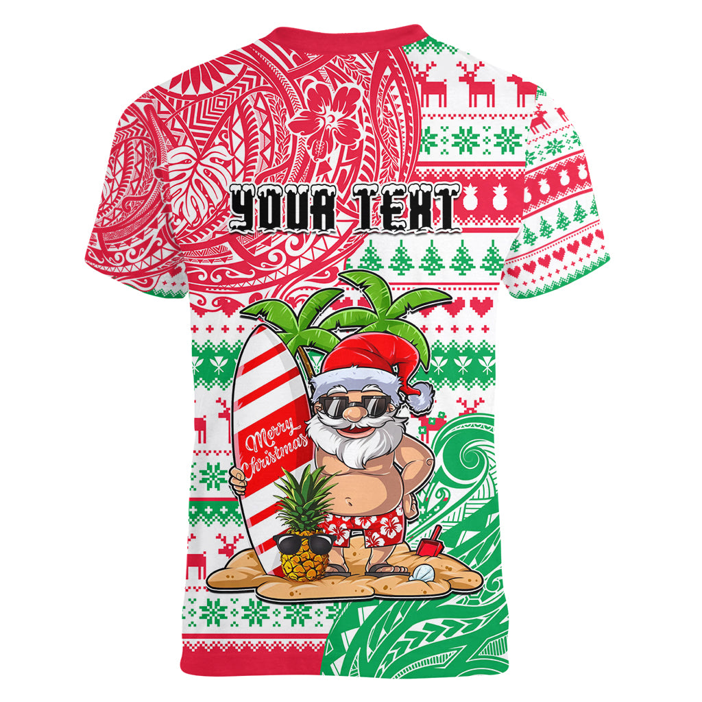 Personalized Hawaii Christmas Women V Neck T Shirt Santa Claus Surf Mele Kalikimaka LT05 - Polynesian Pride