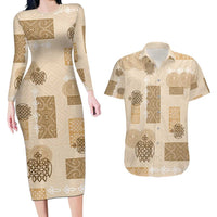 Vintage Lapita Couples Matching Long Sleeve Bodycon Dress and Hawaiian Shirt Iconic Double Face Pattern Beige