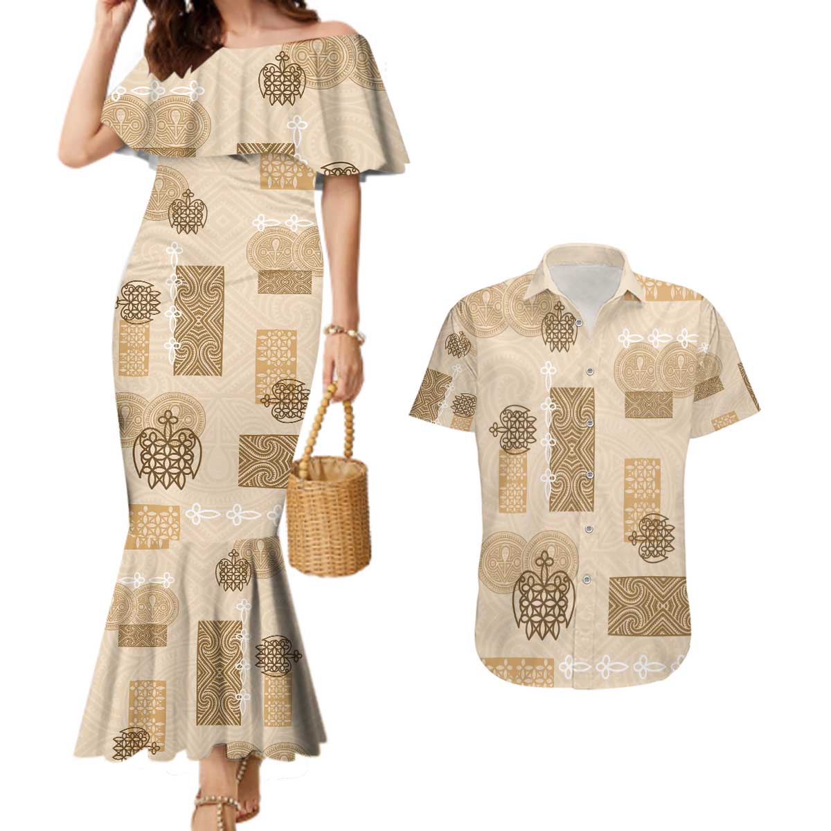 Vintage Lapita Couples Matching Mermaid Dress and Hawaiian Shirt Iconic Double Face Pattern Beige LT05 Beige - Polynesian Pride