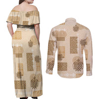 Vintage Lapita Couples Matching Off Shoulder Maxi Dress and Long Sleeve Button Shirt Iconic Double Face Pattern Beige