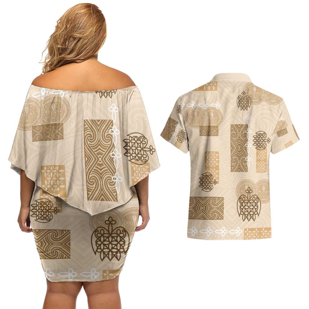 Vintage Lapita Couples Matching Off Shoulder Short Dress and Hawaiian Shirt Iconic Double Face Pattern Beige