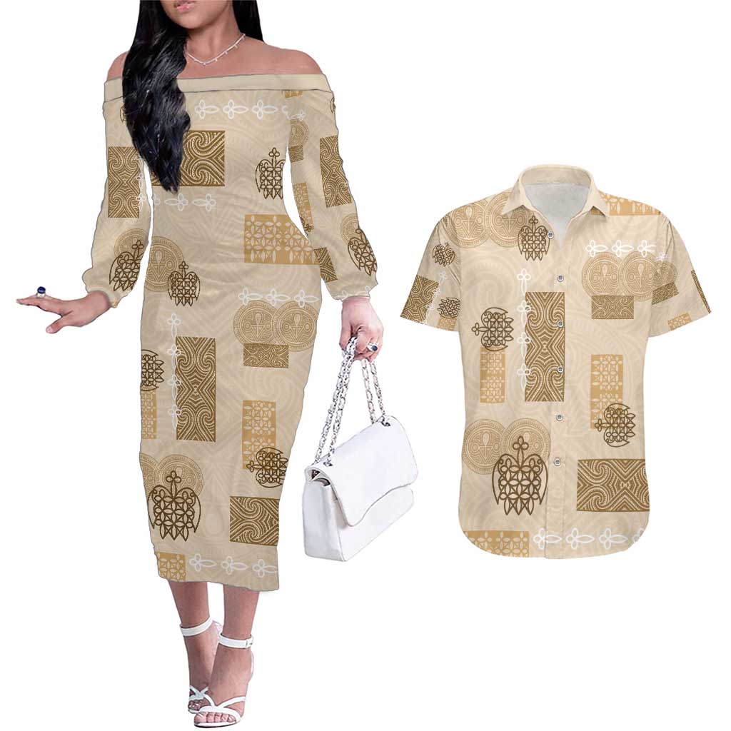 Vintage Lapita Couples Matching Off The Shoulder Long Sleeve Dress and Hawaiian Shirt Iconic Double Face Pattern Beige LT05 Beige - Polynesian Pride