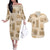 Vintage Lapita Couples Matching Off The Shoulder Long Sleeve Dress and Hawaiian Shirt Iconic Double Face Pattern Beige