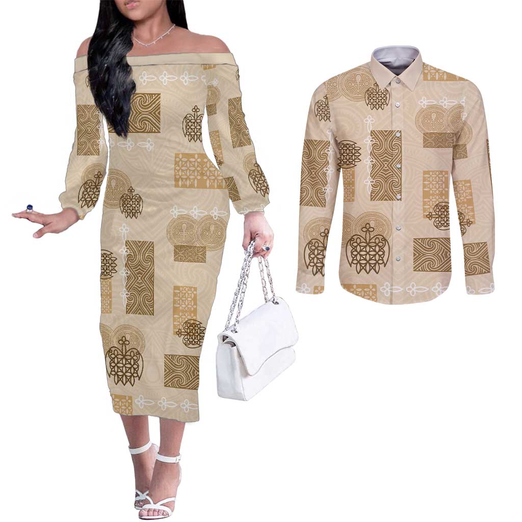 Vintage Lapita Couples Matching Off The Shoulder Long Sleeve Dress and Long Sleeve Button Shirt Iconic Double Face Pattern Beige