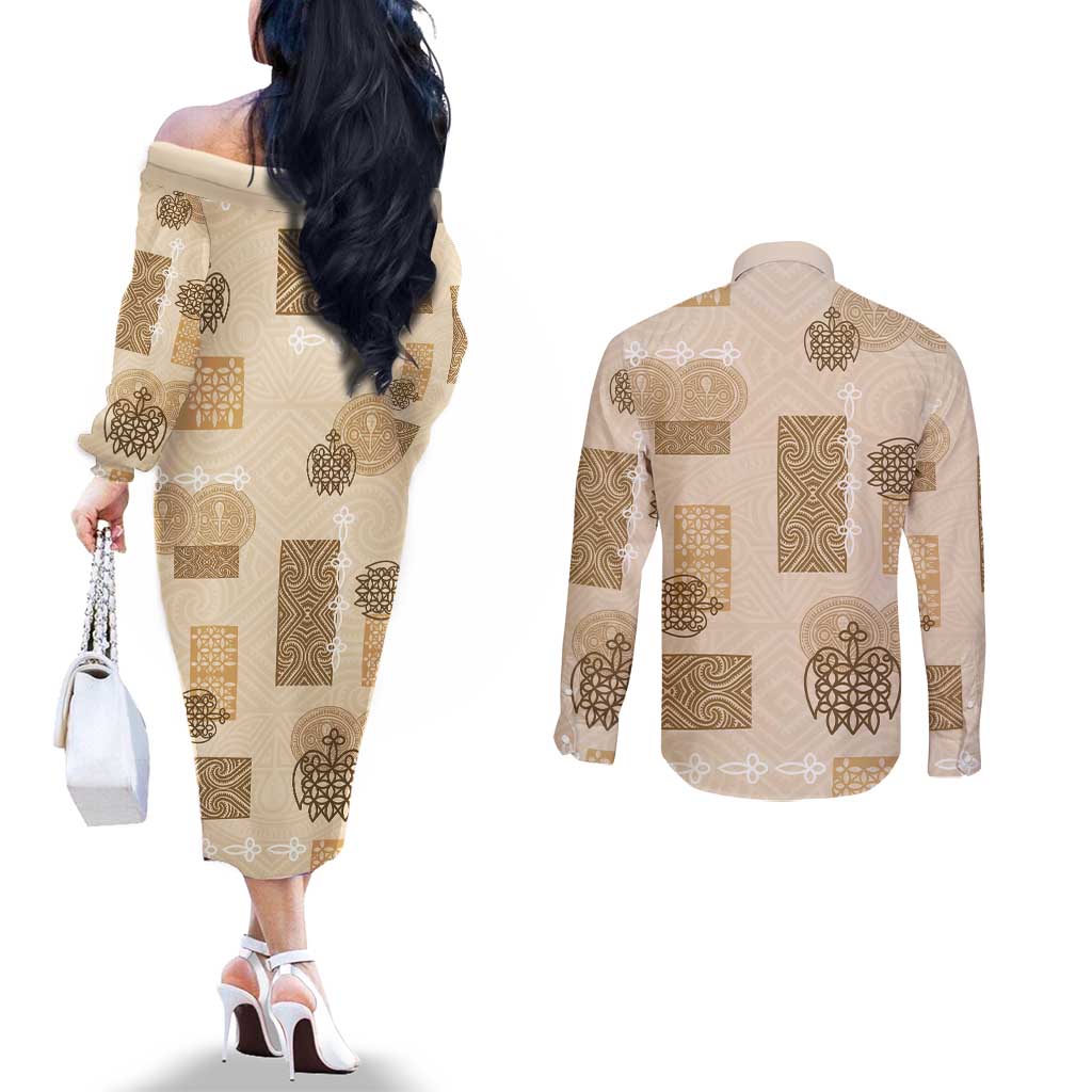 Vintage Lapita Couples Matching Off The Shoulder Long Sleeve Dress and Long Sleeve Button Shirt Iconic Double Face Pattern Beige