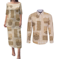Vintage Lapita Couples Matching Puletasi and Long Sleeve Button Shirt Iconic Double Face Pattern Beige