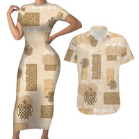 Vintage Lapita Couples Matching Short Sleeve Bodycon Dress and Hawaiian Shirt Iconic Double Face Pattern Beige