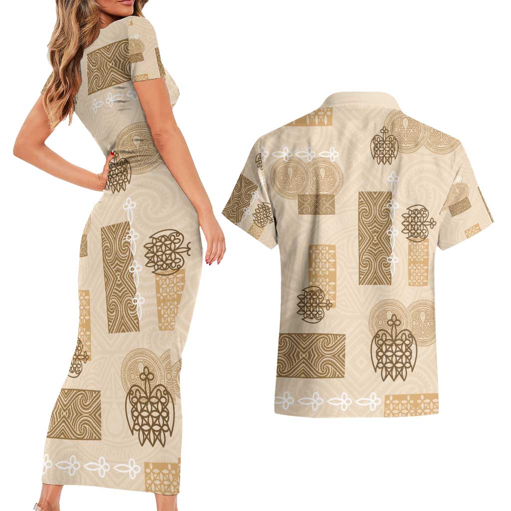 Vintage Lapita Couples Matching Short Sleeve Bodycon Dress and Hawaiian Shirt Iconic Double Face Pattern Beige