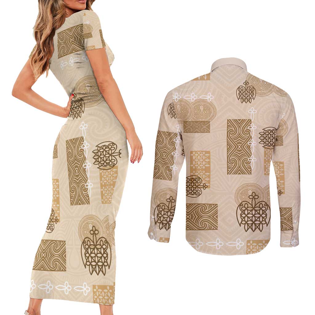 Vintage Lapita Couples Matching Short Sleeve Bodycon Dress and Long Sleeve Button Shirt Iconic Double Face Pattern Beige