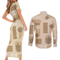 Vintage Lapita Couples Matching Short Sleeve Bodycon Dress and Long Sleeve Button Shirt Iconic Double Face Pattern Beige