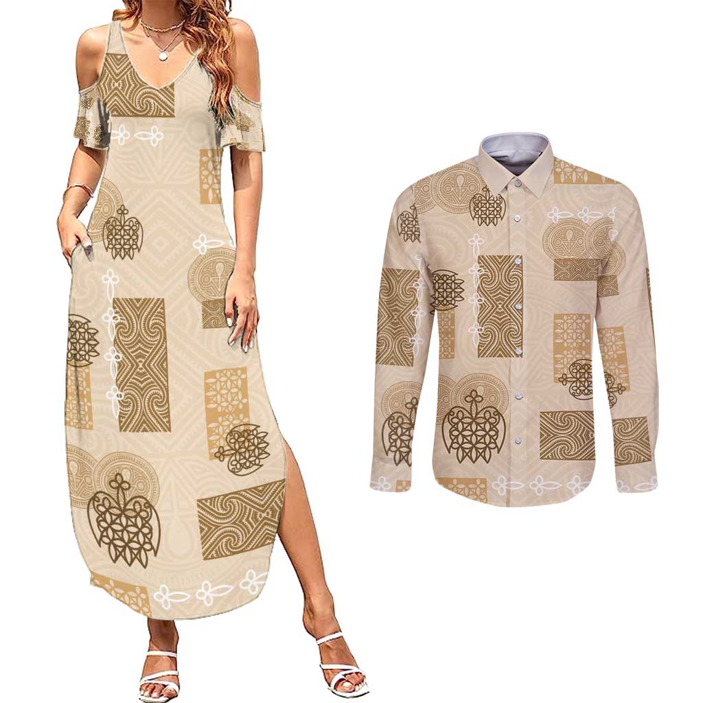 Vintage Lapita Couples Matching Summer Maxi Dress and Long Sleeve Button Shirt Iconic Double Face Pattern Beige