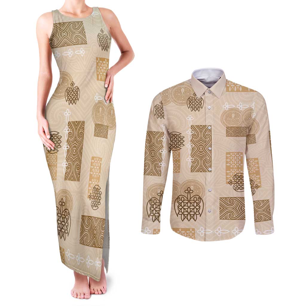 Vintage Lapita Couples Matching Tank Maxi Dress and Long Sleeve Button Shirt Iconic Double Face Pattern Beige
