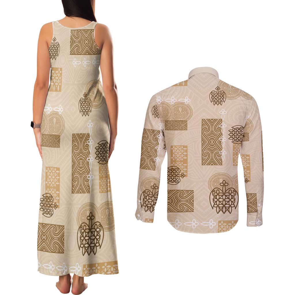 Vintage Lapita Couples Matching Tank Maxi Dress and Long Sleeve Button Shirt Iconic Double Face Pattern Beige