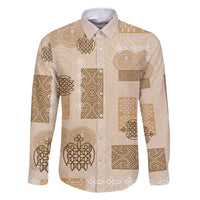 Vintage Lapita Family Matching Long Sleeve Bodycon Dress and Hawaiian Shirt Iconic Double Face Pattern Beige
